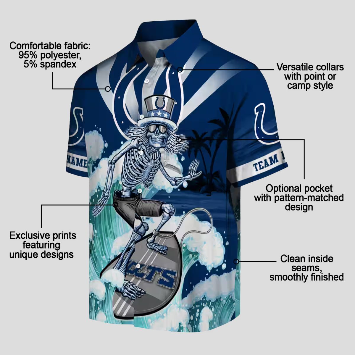 Indianapolis Colts Surfing Skeleton Hawaiian Shirt, Custom Blue Aloha Beachwear