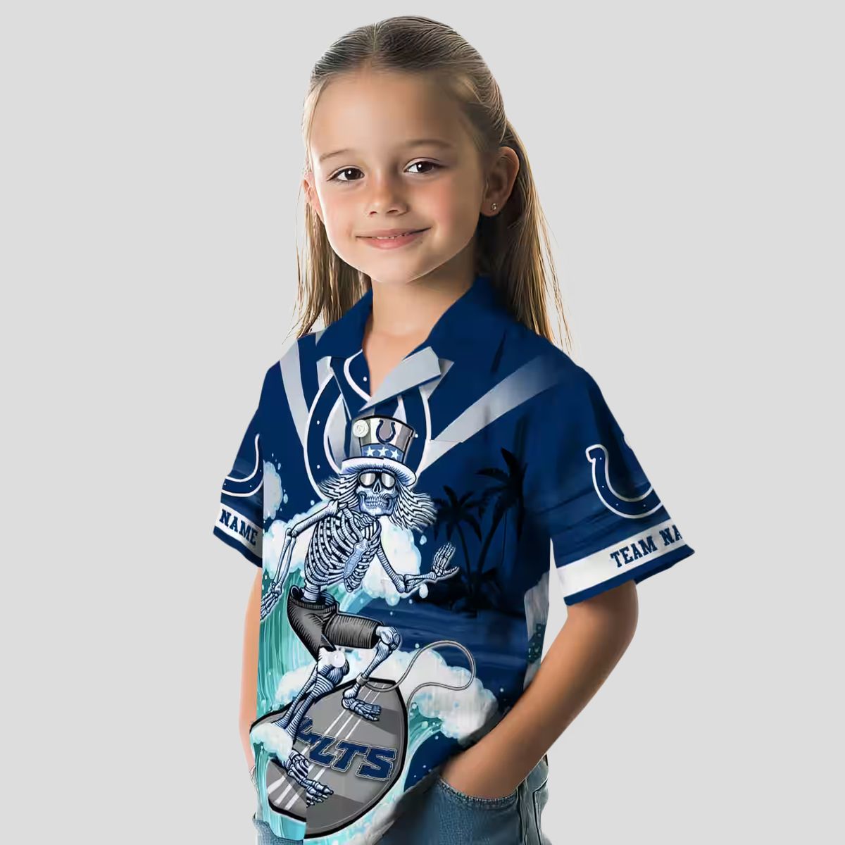 Indianapolis Colts Surfing Skeleton Hawaiian Shirt, Custom Blue Aloha Beachwear