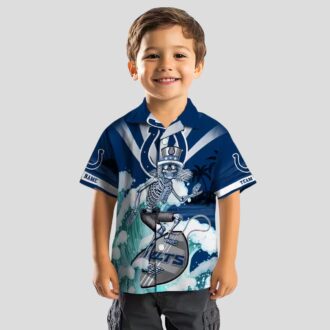 Indianapolis Colts Surfing Skeleton Hawaiian Shirt, Custom Blue Aloha Beachwear