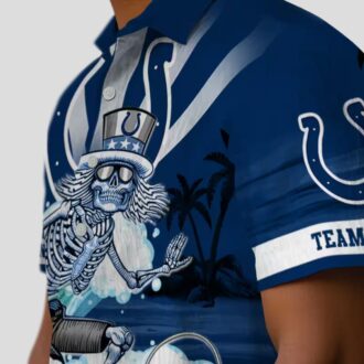 Indianapolis Colts Surfing Skeleton Hawaiian Shirt, Custom Blue Aloha Beachwear