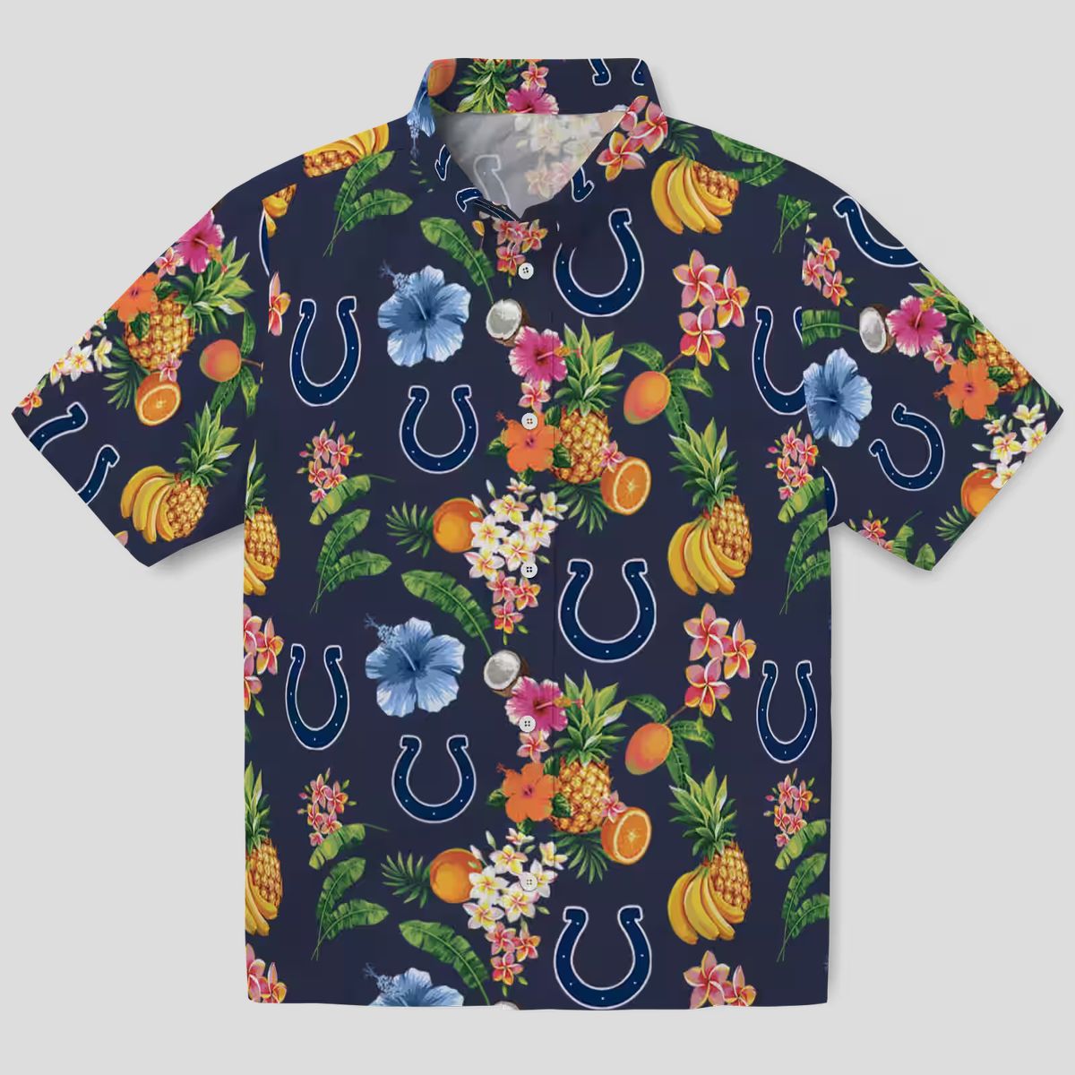 Indianapolis Colts Hibiscus & Fruit Hawaiian Shirt, Navy Blue Summer Vacation Outfit
