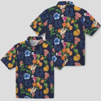 Indianapolis Colts Hibiscus & Fruit Hawaiian Shirt, Navy Blue Summer Vacation Outfit