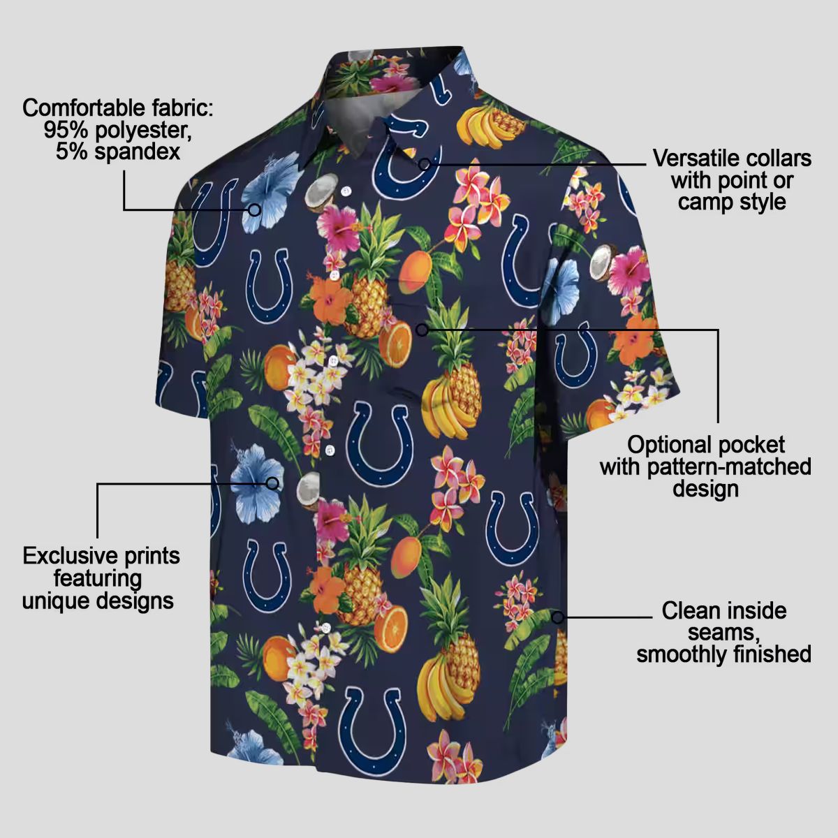 Indianapolis Colts Hibiscus & Fruit Hawaiian Shirt, Navy Blue Summer Vacation Outfit