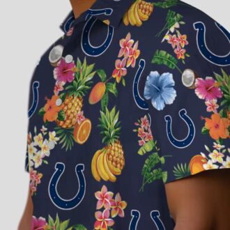 Indianapolis Colts Hibiscus & Fruit Hawaiian Shirt, Navy Blue Summer Vacation Outfit