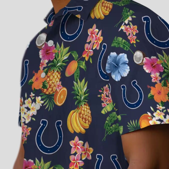 Indianapolis Colts Hibiscus & Fruit Hawaiian Shirt, Navy Blue Summer Vacation Outfit