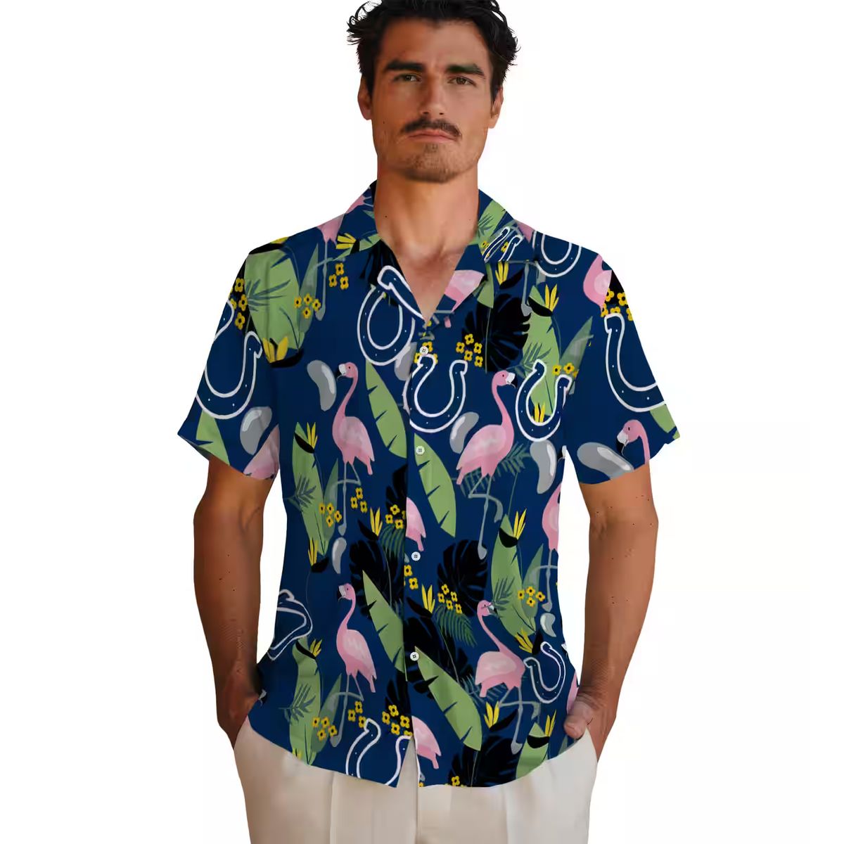 NFL Indianapolis Colts Aloha Summer Shirt – Flamingo & Palm Leaves Hawaiian Style