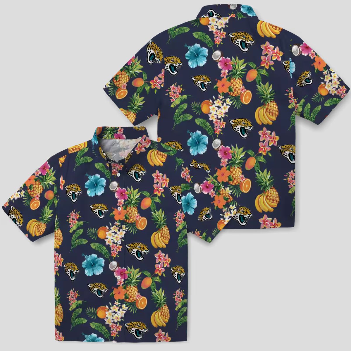 Best Jacksonville Jaguars Hawaiian Shirt – Navy Blue, Hibiscus & Fruit Print