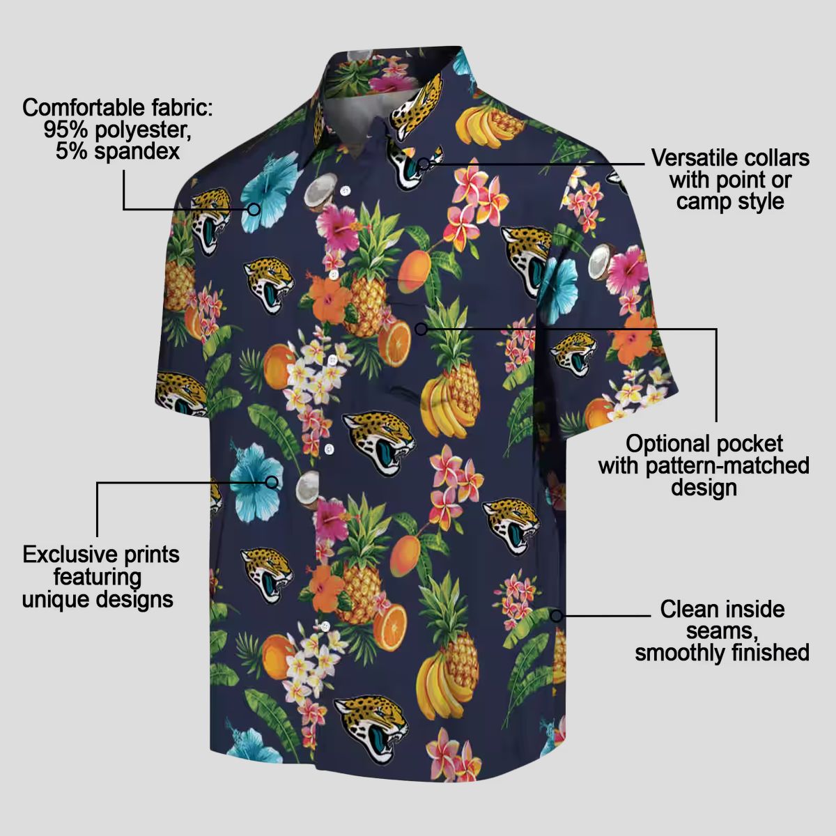 Best Jacksonville Jaguars Hawaiian Shirt – Navy Blue, Hibiscus & Fruit Print