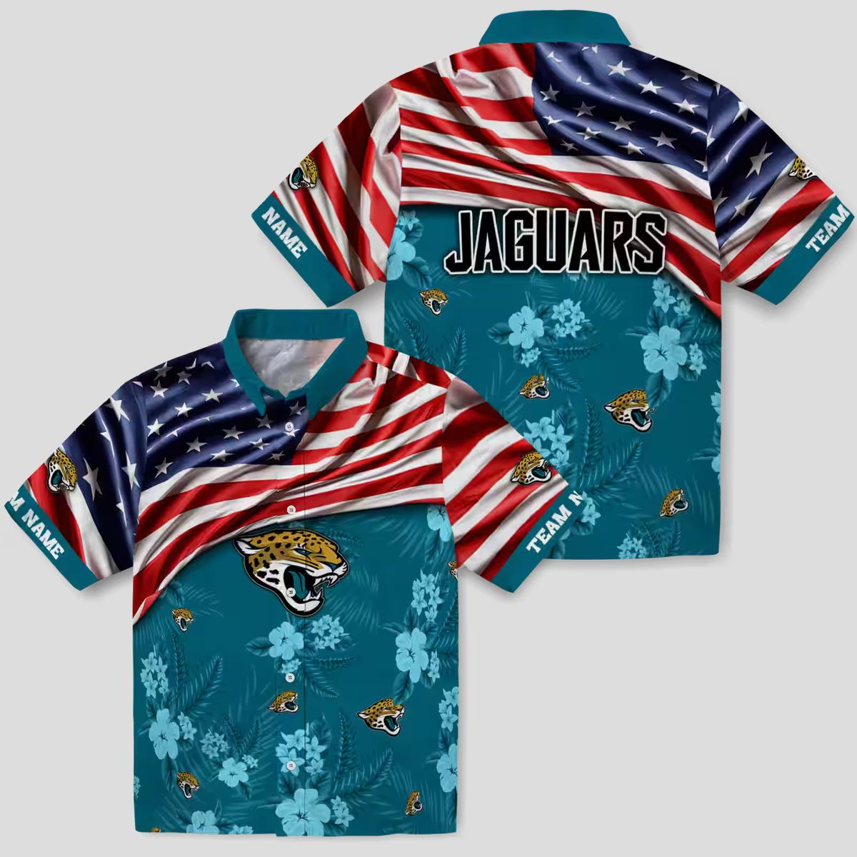 Football Fan Jacksonville Jaguars Hawaiian Shirt – US Flag & Hibiscus Floral Theme