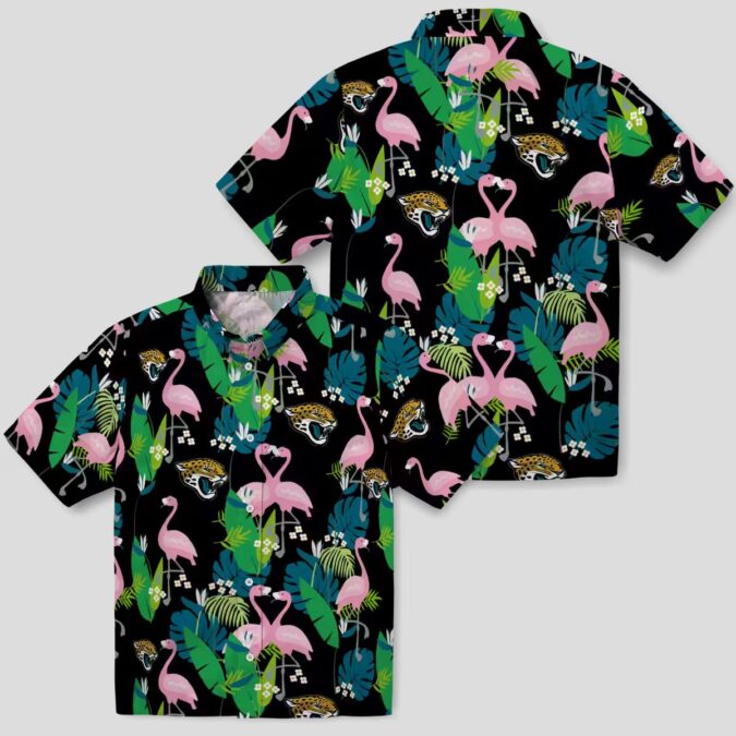 Jacksonville Jaguars Flamingo Hawaiian Shirt, Teal Green Tropical Foliage NFL Apparel