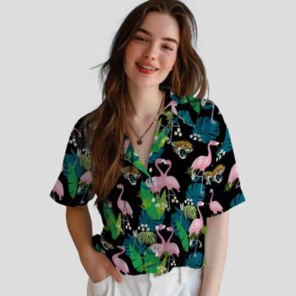 Jacksonville Jaguars Flamingo Hawaiian Shirt, Teal Green Tropical Foliage NFL Apparel