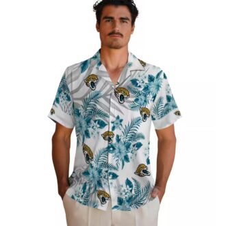Jacksonville Jaguars Floral Hawaiian Shirt, Teal White Hibiscus Palm Summer Shirt
