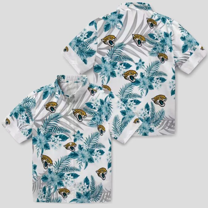 Jacksonville Jaguars Floral Hawaiian Shirt, Teal White Hibiscus Palm Summer Shirt