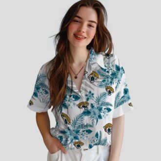 Jacksonville Jaguars Floral Hawaiian Shirt, Teal White Hibiscus Palm Summer Shirt