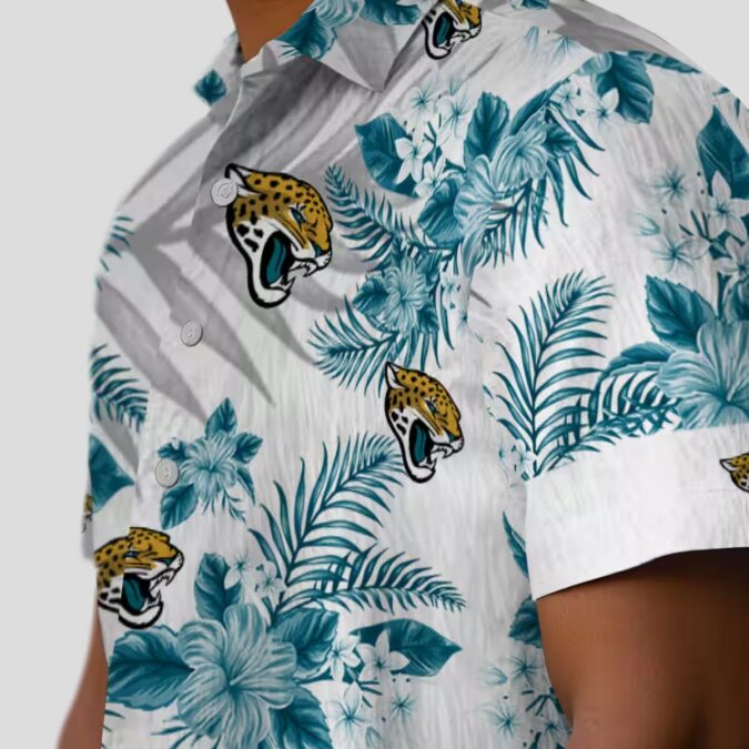 Jacksonville Jaguars Floral Hawaiian Shirt, Teal White Hibiscus Palm Summer Shirt