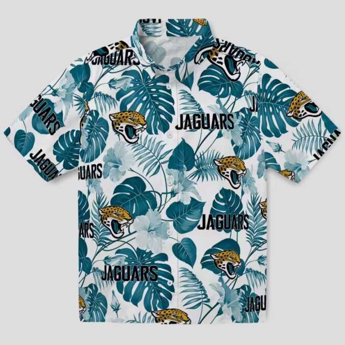 Jacksonville Jaguars Hawaiian Shirt, Teal White Tropical Plants Beachwear for NFL Fans