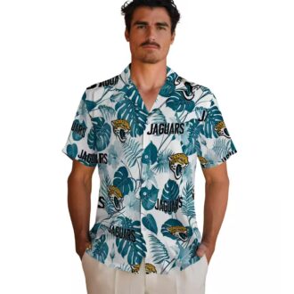 Jacksonville Jaguars Hawaiian Shirt, Teal White Tropical Plants Beachwear for NFL Fans