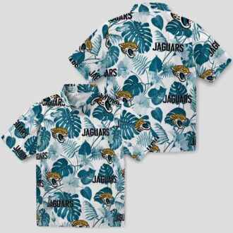 Jacksonville Jaguars Hawaiian Shirt, Teal White Tropical Plants Beachwear for NFL Fans