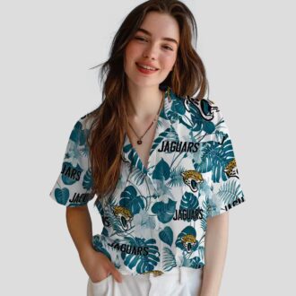 Jacksonville Jaguars Hawaiian Shirt, Teal White Tropical Plants Beachwear for NFL Fans