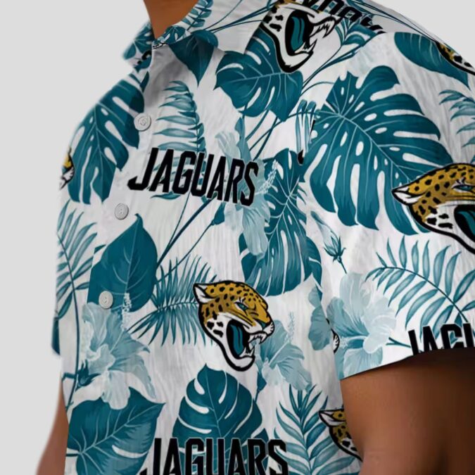 Jacksonville Jaguars Hawaiian Shirt, Teal White Tropical Plants Beachwear for NFL Fans