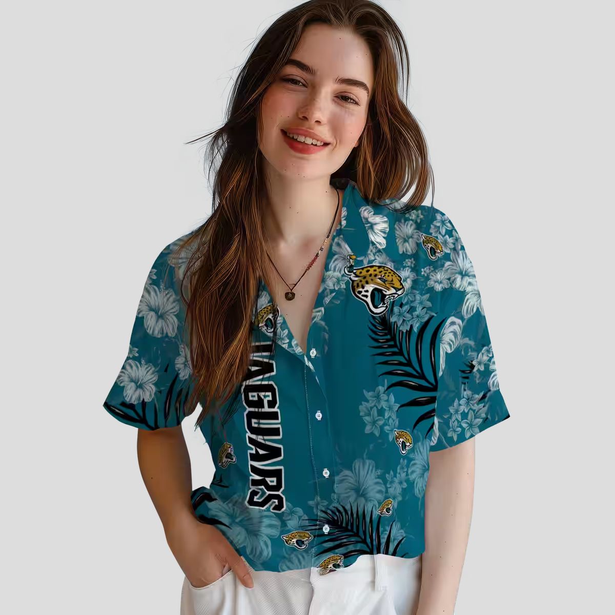 Jacksonville Jaguars Hibiscus Hawaiian Shirt, Teal Aloha Shirt for NFL Fans