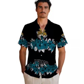 Jacksonville Jaguars Hibiscus Stripe Hawaiian Shirt, Teal & Black Apparel