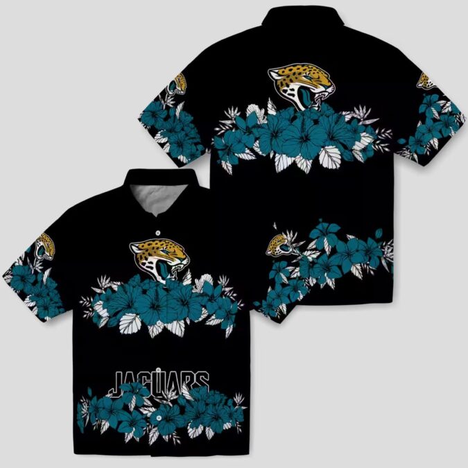 Jacksonville Jaguars Hibiscus Stripe Hawaiian Shirt, Teal & Black Apparel