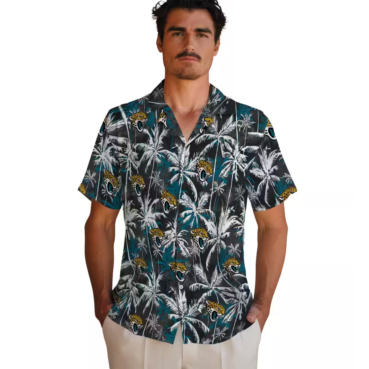 Jacksonville Jaguars Palm Pattern Hawaiian Shirt, Black Teal NFL Football Shirt