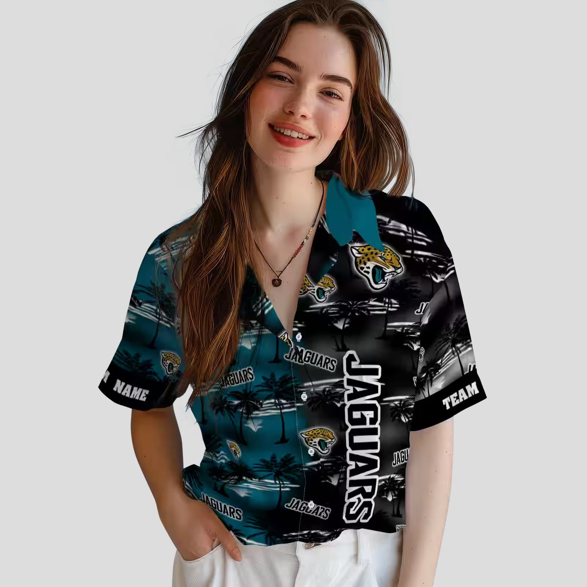 Jacksonville Jaguars Palm Silhouettes Teal Hawaiian Shirt, Custom NFL Fan Apparel