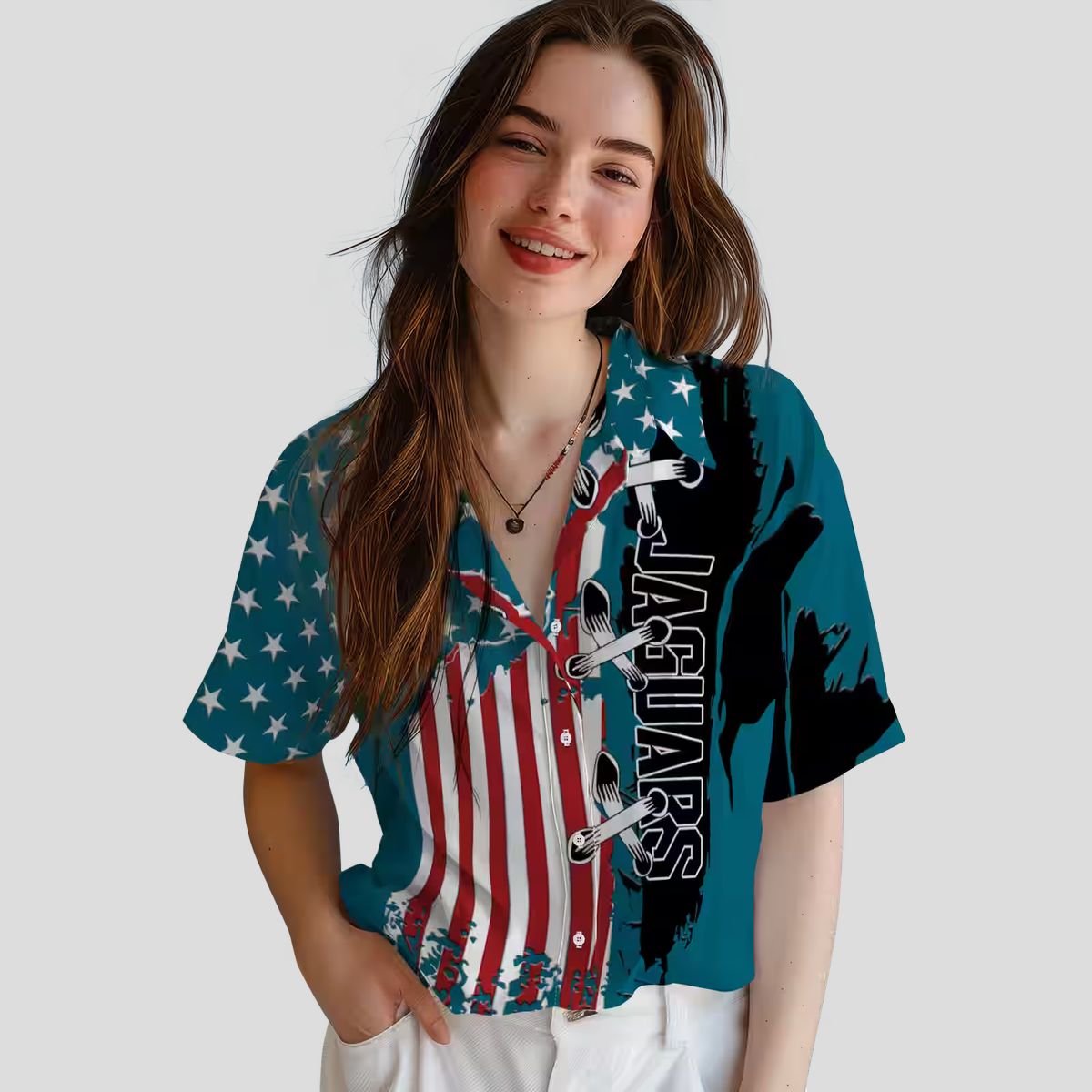 Jacksonville Jaguars Stitched Flag Hawaiian Shirt, Teal Tropical NFL Fan Apparel