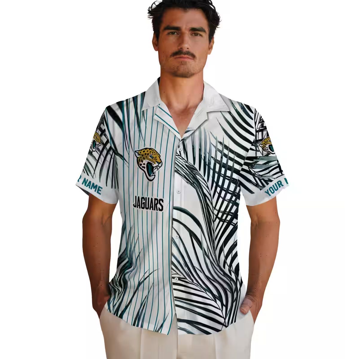 Jacksonville Jaguars Summer Hawaiian Shirt – Teal, Black & White Palm Stripes