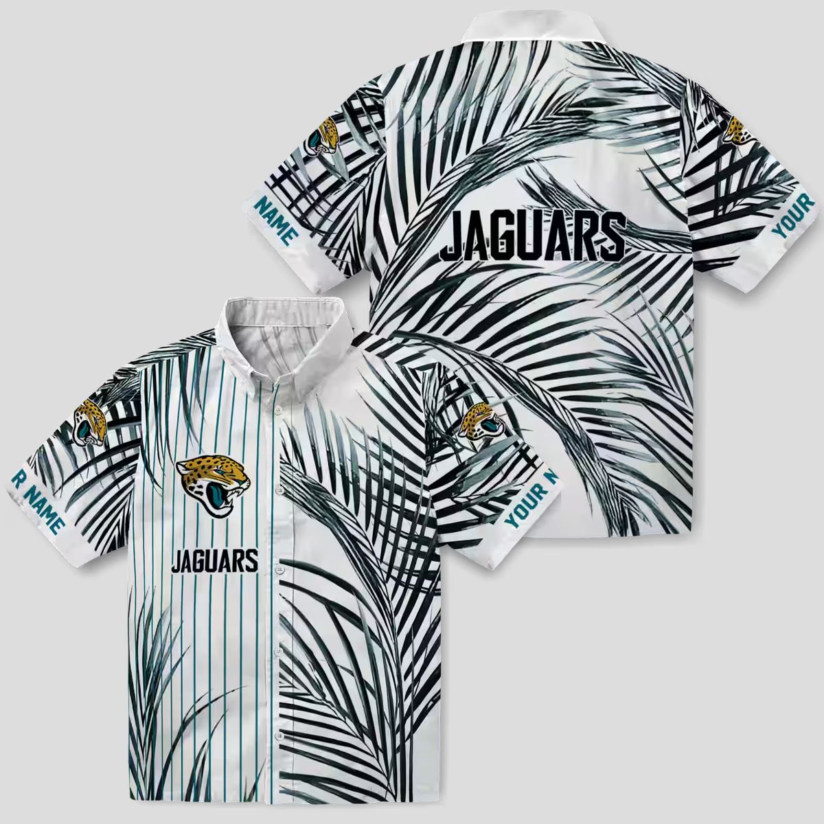 Jacksonville Jaguars Summer Hawaiian Shirt – Teal, Black & White Palm Stripes