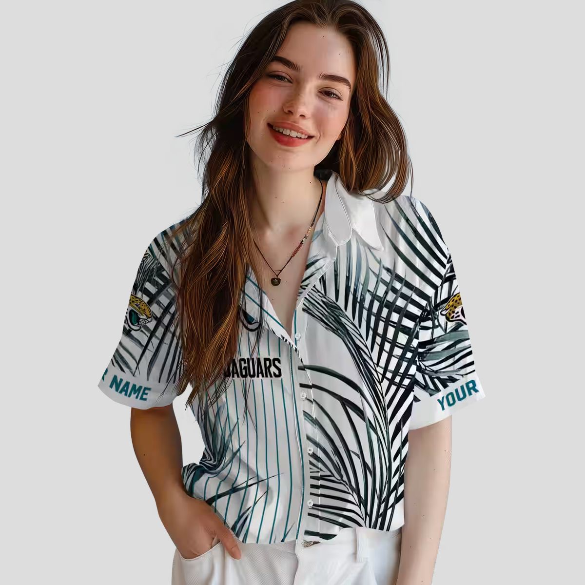 Jacksonville Jaguars Summer Hawaiian Shirt – Teal, Black & White Palm Stripes