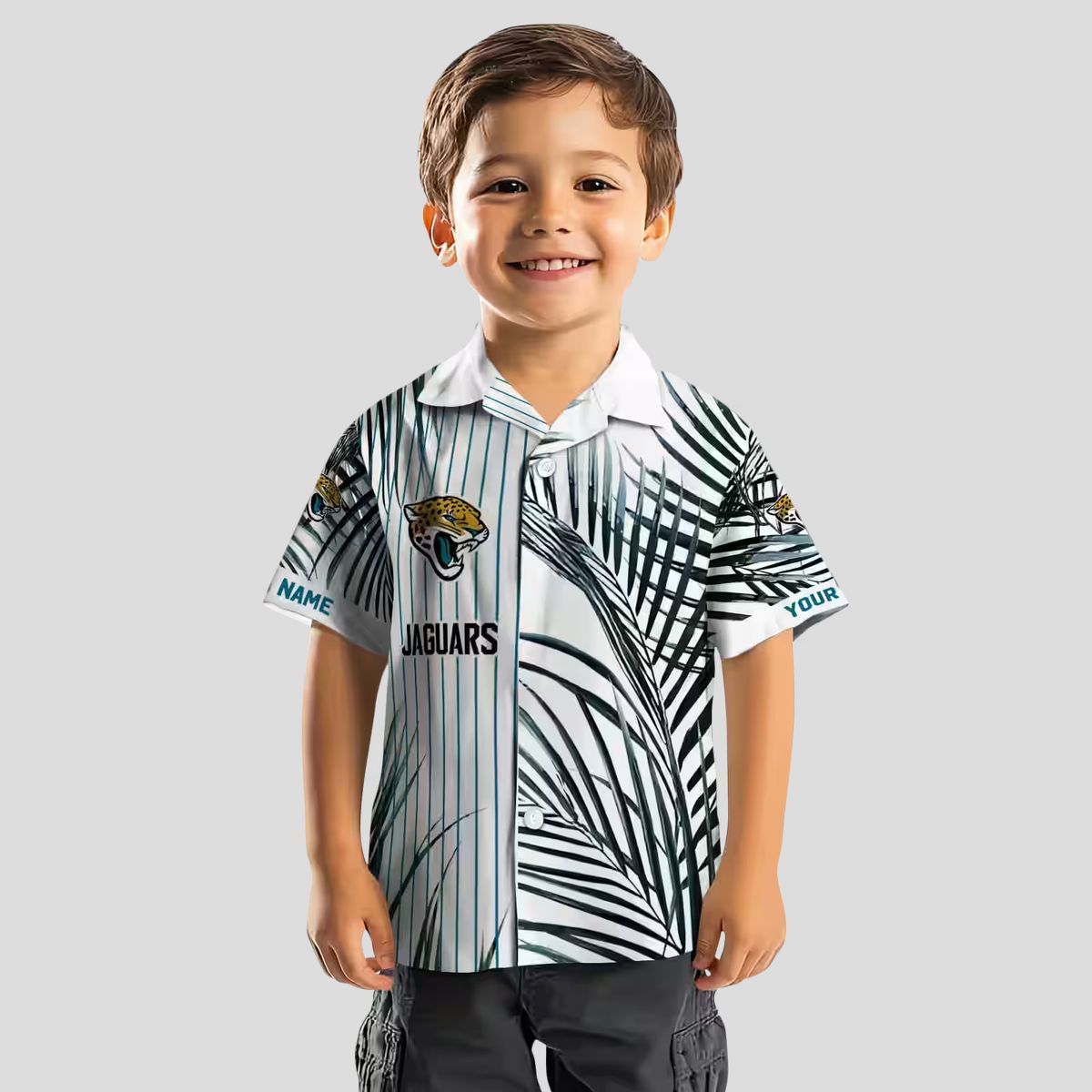 Jacksonville Jaguars Summer Hawaiian Shirt – Teal, Black & White Palm Stripes