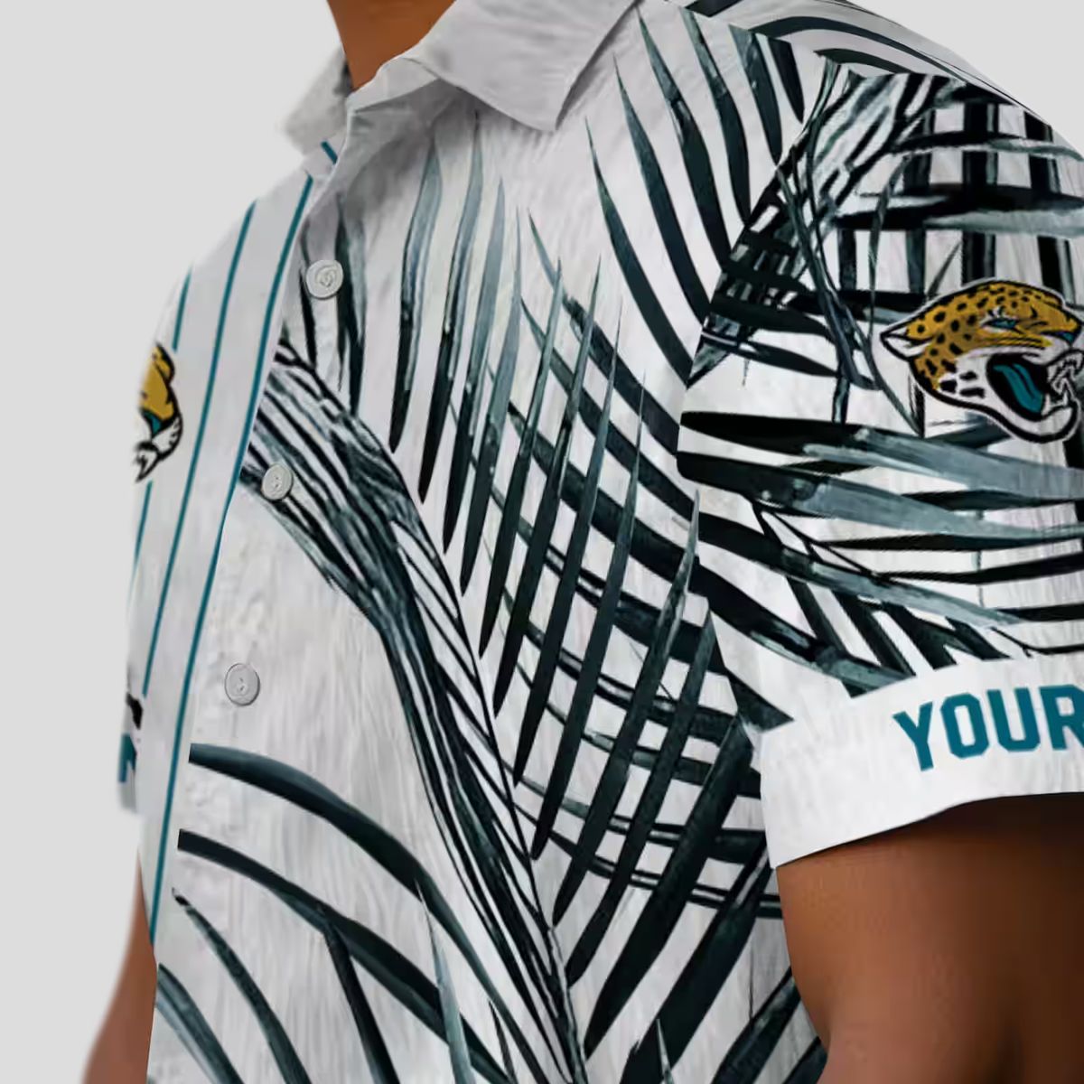 Jacksonville Jaguars Summer Hawaiian Shirt – Teal, Black & White Palm Stripes
