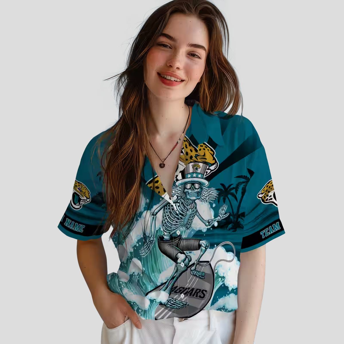 Jacksonville Jaguars Surfing Skeleton Teal Hawaiian Shirt, Custom NFL Apparel for Fans