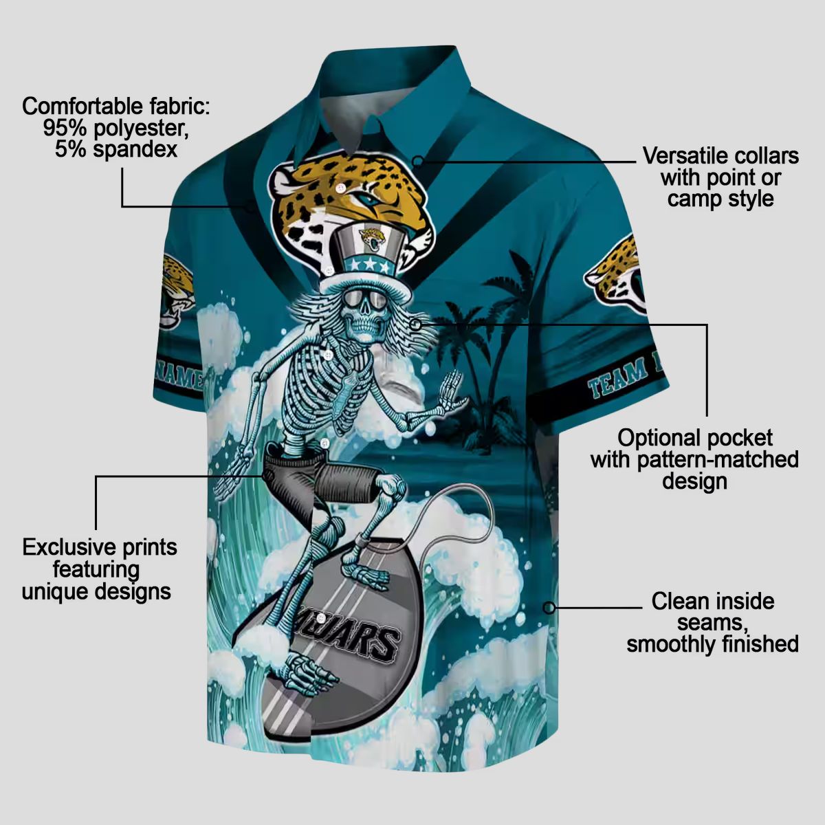 Jacksonville Jaguars Surfing Skeleton Teal Hawaiian Shirt, Custom NFL Apparel for Fans