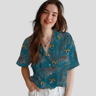 Jacksonville Jaguars Teal Aloha Shirt, Leafy Palms Hawaiian Beach Shirt