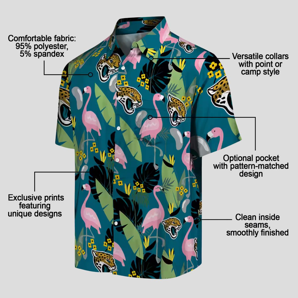 Jacksonville Jaguars Teal Flamingo Hawaiian Shirt, Tropical Palm Leaves NFL Apparel