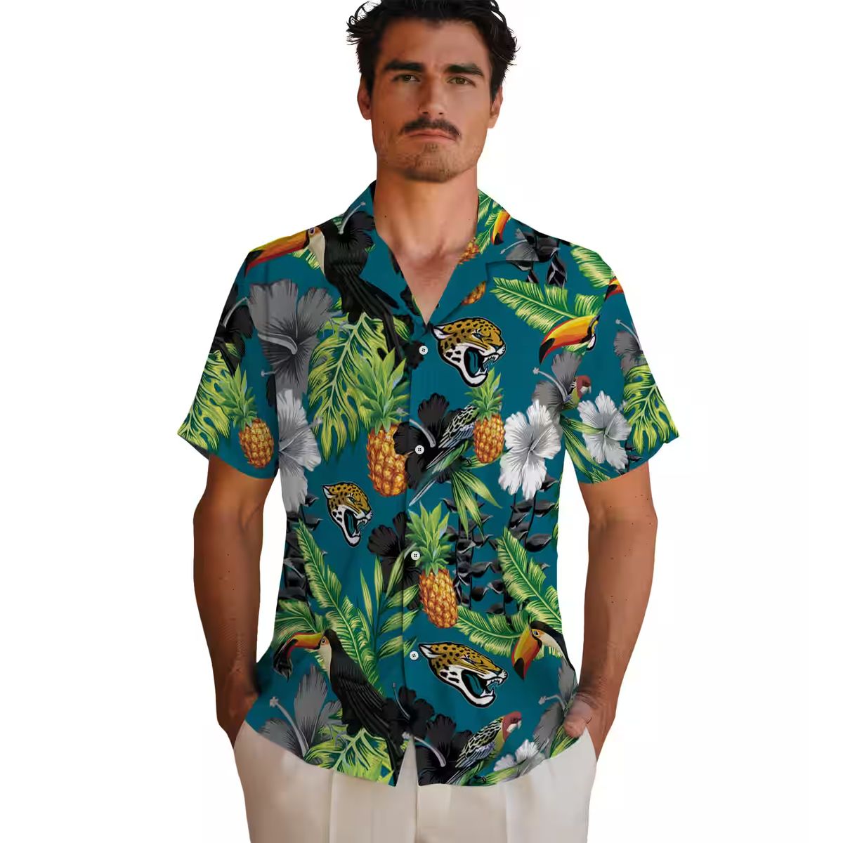 Jacksonville Jaguars Toucan Hibiscus Pineapple Shirt, Teal Green Hawaiian Aloha Shirt
