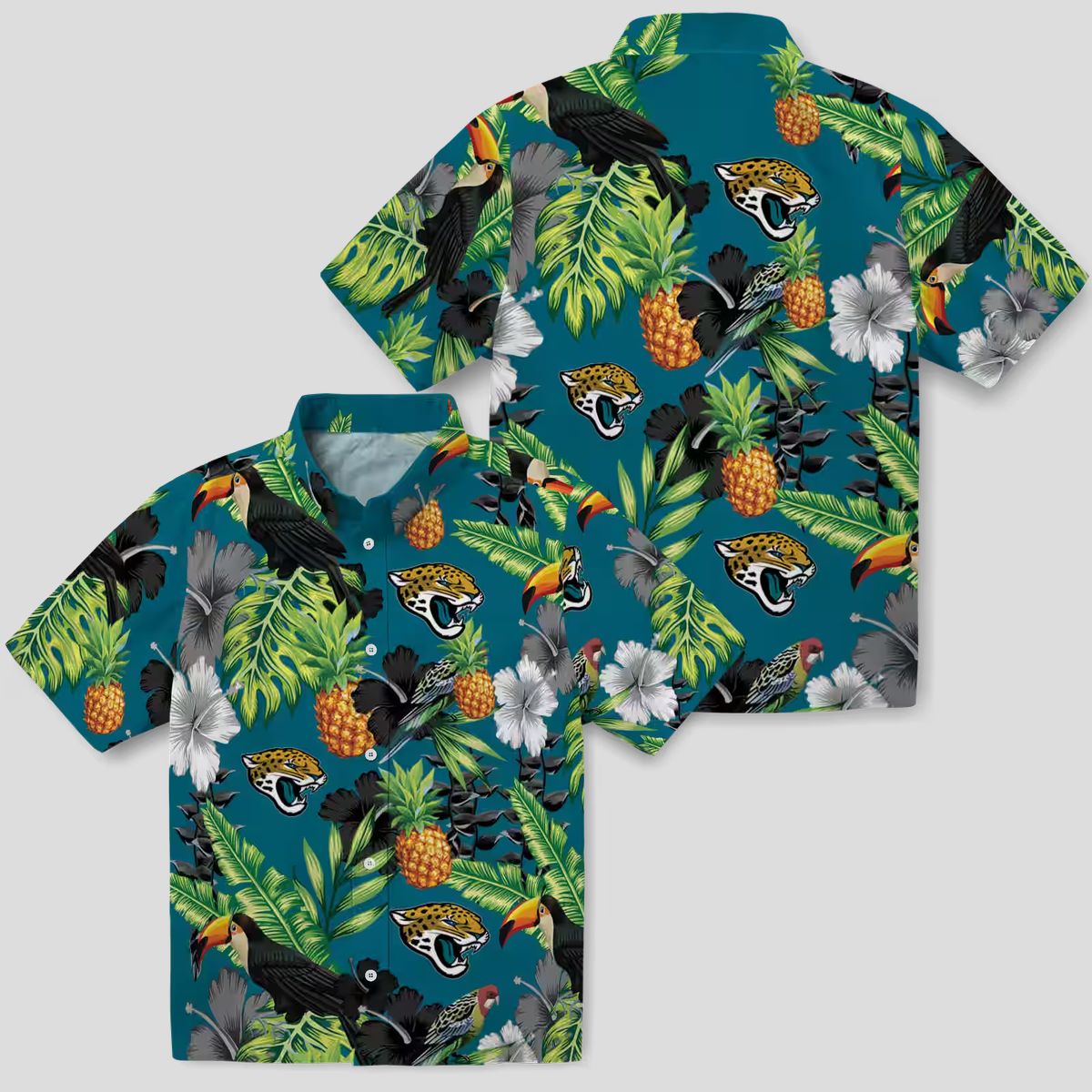 Jacksonville Jaguars Toucan Hibiscus Pineapple Shirt, Teal Green Hawaiian Aloha Shirt