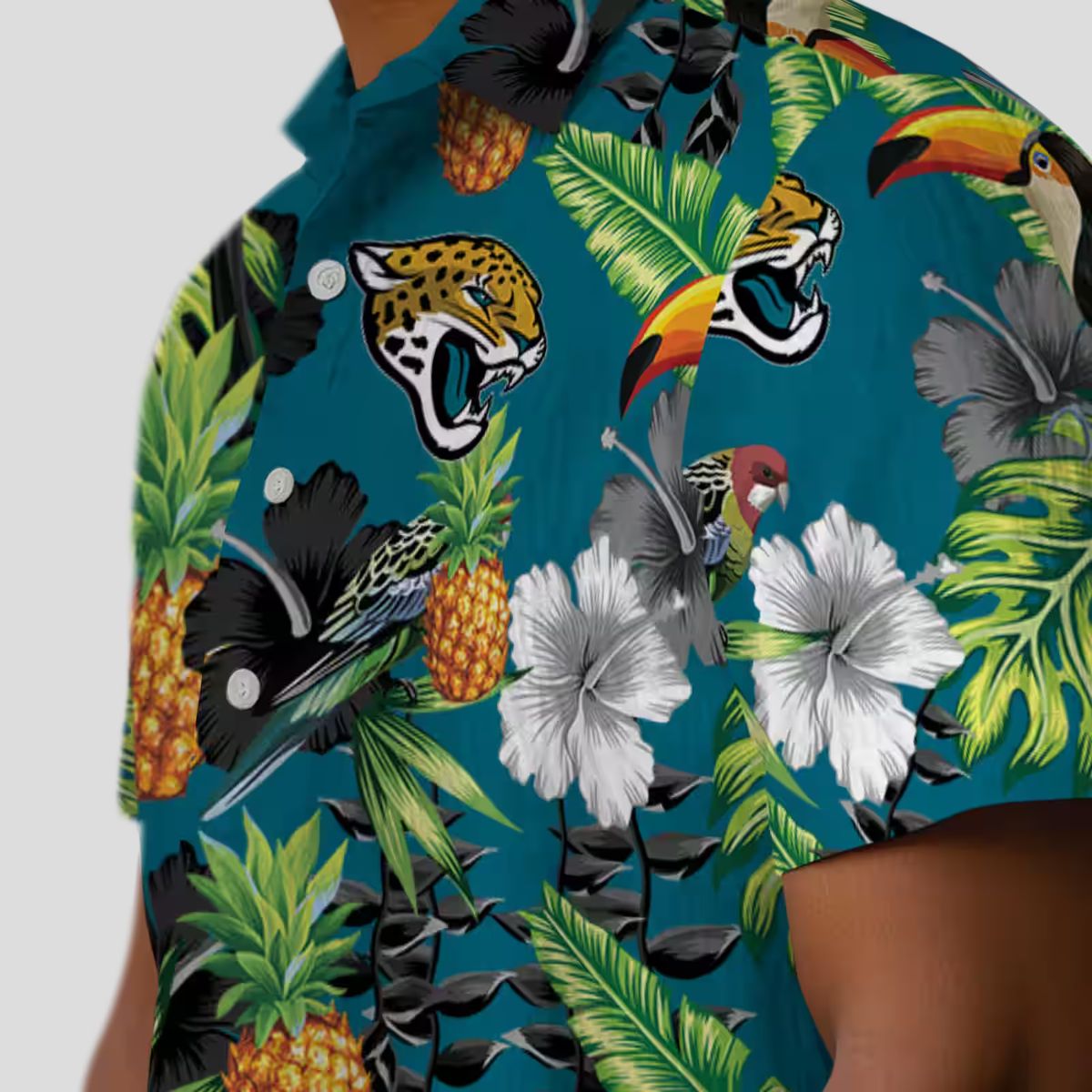 Jacksonville Jaguars Toucan Hibiscus Pineapple Shirt, Teal Green Hawaiian Aloha Shirt