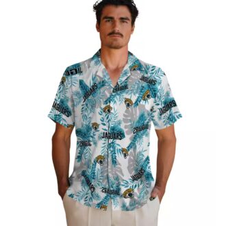 Jacksonville Jaguars Tropical Leaves Hawaiian Shirt, NFL Teal & White Shirt for Summer