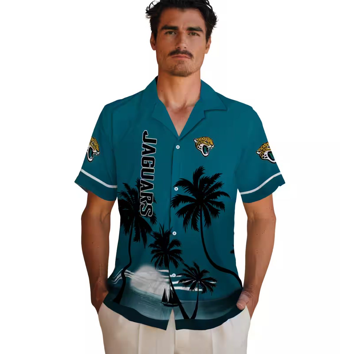 NFL Jacksonville Jaguars Beach Sunset Hawaiian Shirt – Teal & Black Tropical Design