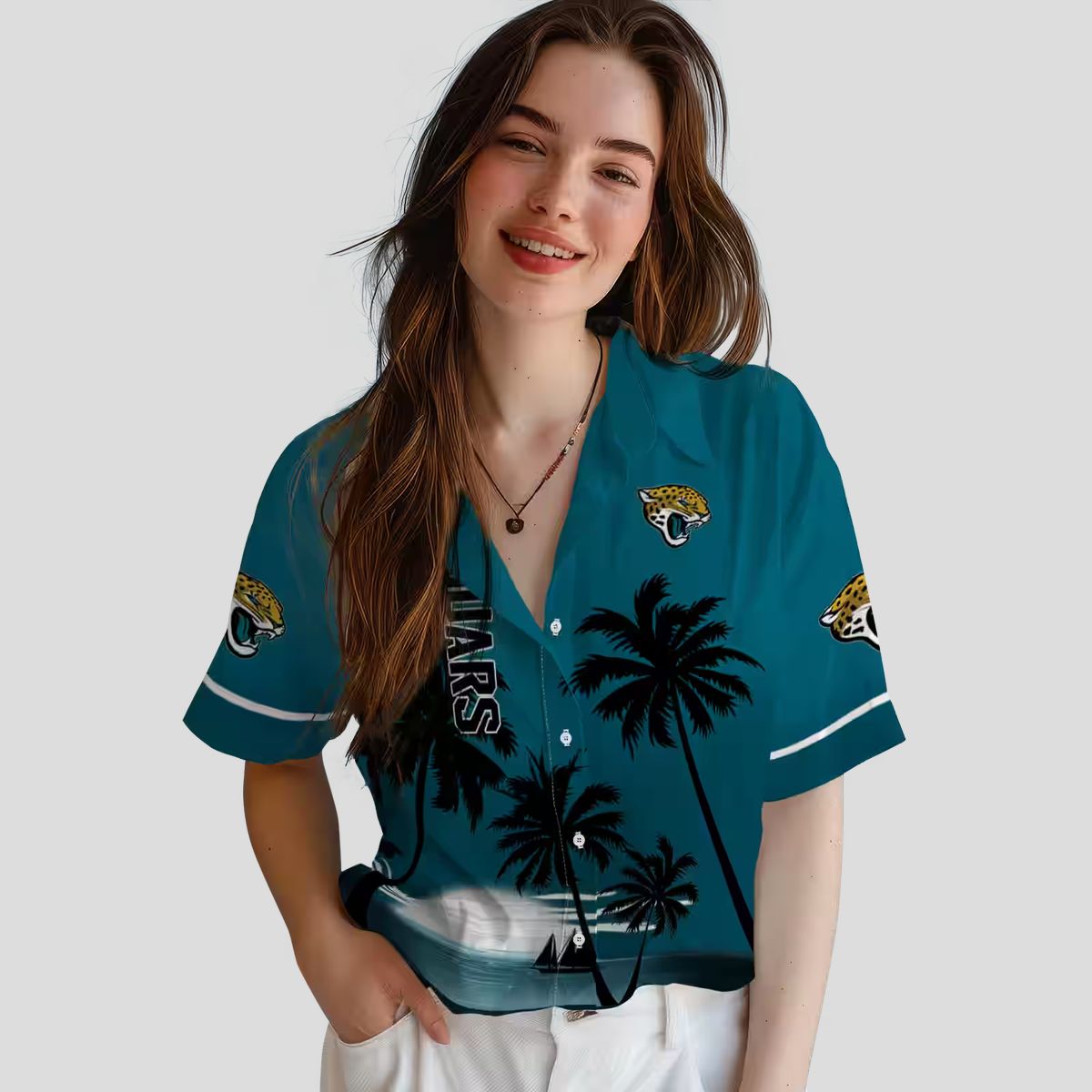 NFL Jacksonville Jaguars Beach Sunset Hawaiian Shirt – Teal & Black Tropical Design