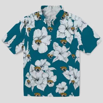 NFL Jacksonville Jaguars Button Up Hawaiian Shirt - Hibiscus Bloom Teal White Design