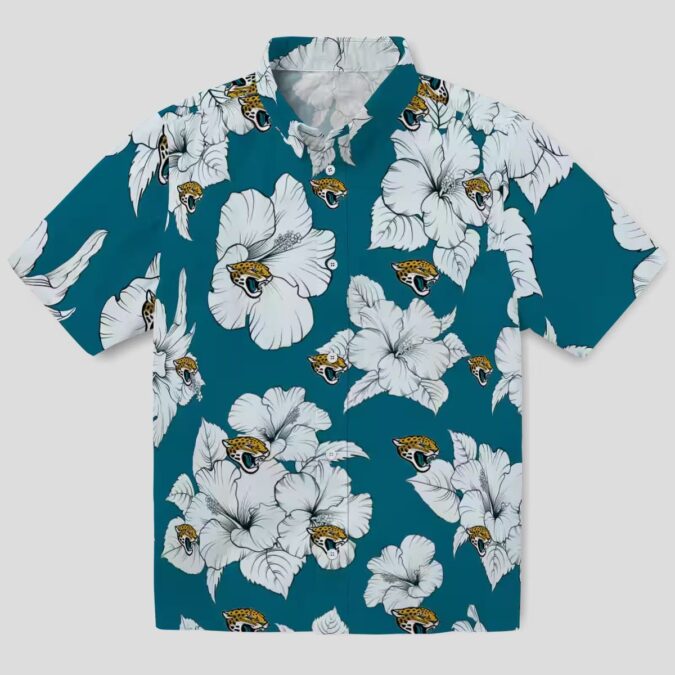 NFL Jacksonville Jaguars Button Up Hawaiian Shirt - Hibiscus Bloom Teal White Design