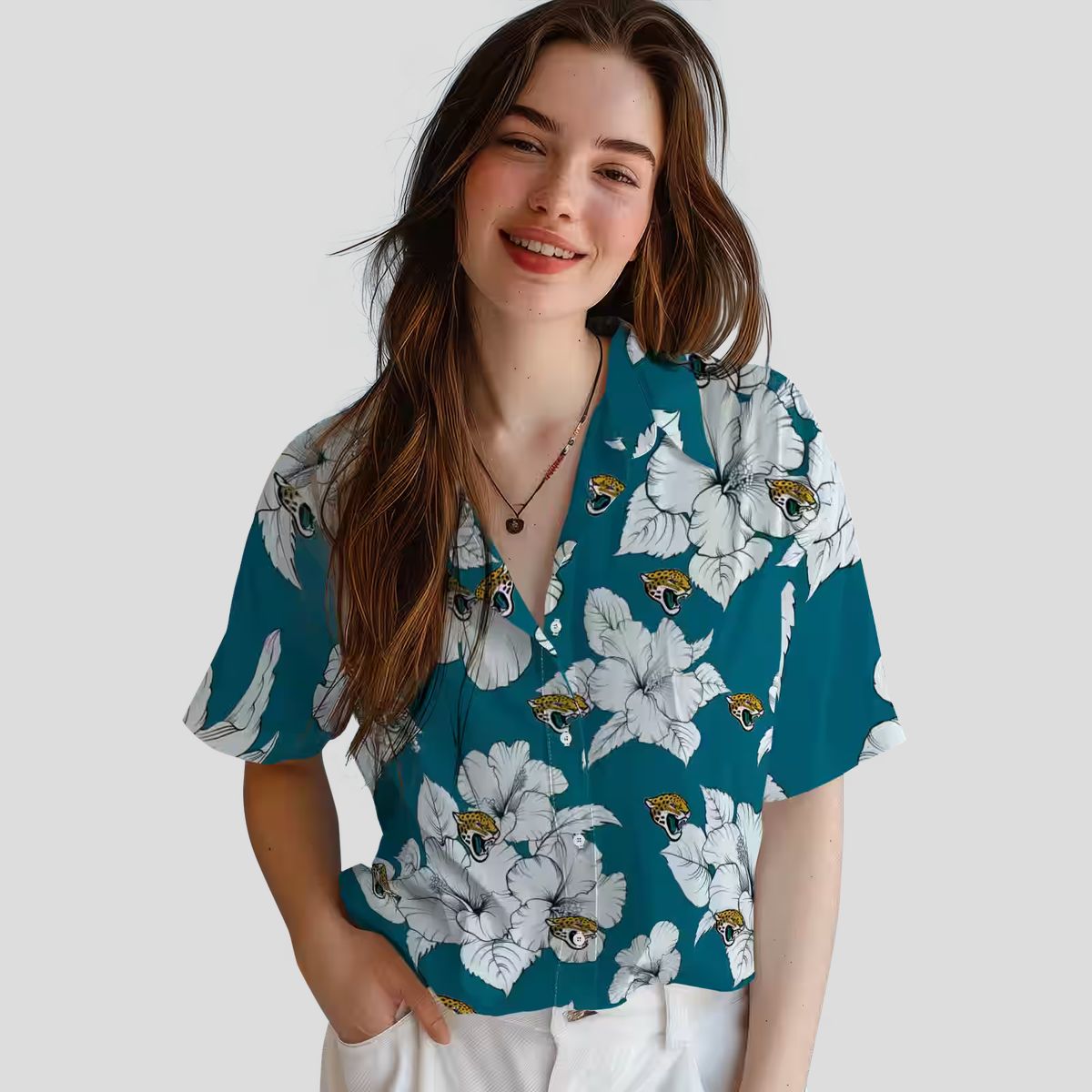 NFL Jacksonville Jaguars Button Up Hawaiian Shirt - Hibiscus Bloom Teal White Design