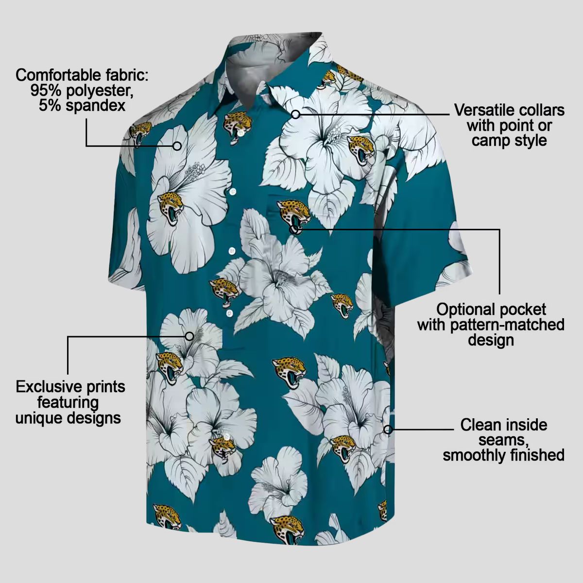 NFL Jacksonville Jaguars Button Up Hawaiian Shirt - Hibiscus Bloom Teal White Design