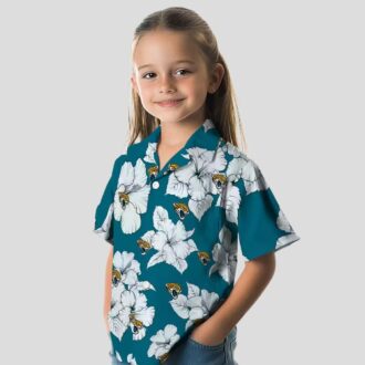 NFL Jacksonville Jaguars Button Up Hawaiian Shirt - Hibiscus Bloom Teal White Design